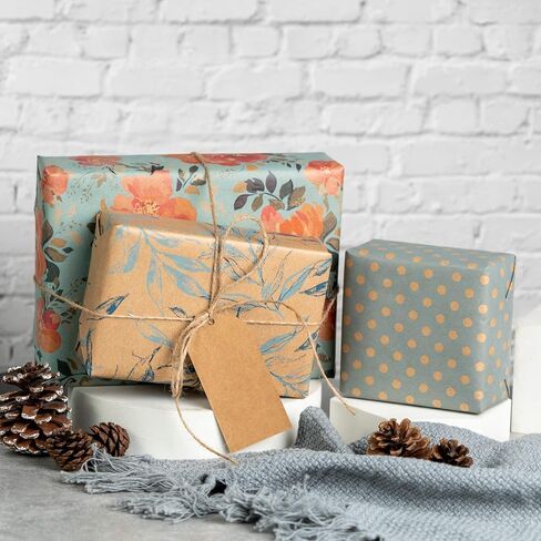 RUSPEPA Vintage Wrapping Paper with Tags, Jute String, Mini Roll, 17 inches x 10 feet per Roll, Total of 3 Rolls, Spring in Kuwait