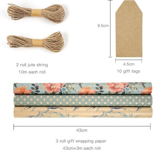 RUSPEPA Vintage Wrapping Paper with Tags, Jute String, Mini Roll, 17 inches x 10 feet per Roll, Total of 3 Rolls, Spring in Kuwait