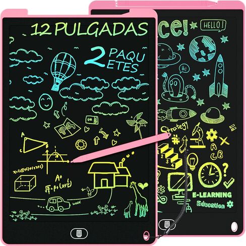 2 حزمة من تابلت كتابة LCD مقاس 12 بوصة، لوحة رسومات الشعار المبتكرة الملونة، لوحة رسم لحماية العين مع وظيفة القفل والمسح، هدايا عيد ميلاد وألعاب للأولاد والبنات بعمر 3 4 5 6 7 8 سنوات - وردي وأزرق in Saudi Arabia