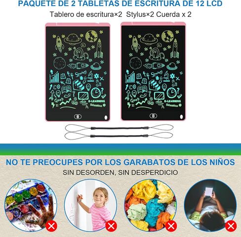 2 حزمة من تابلت كتابة LCD مقاس 12 بوصة، لوحة رسومات الشعار المبتكرة الملونة، لوحة رسم لحماية العين مع وظيفة القفل والمسح، هدايا عيد ميلاد وألعاب للأولاد والبنات بعمر 3 4 5 6 7 8 سنوات - وردي وأزرق in Saudi Arabia