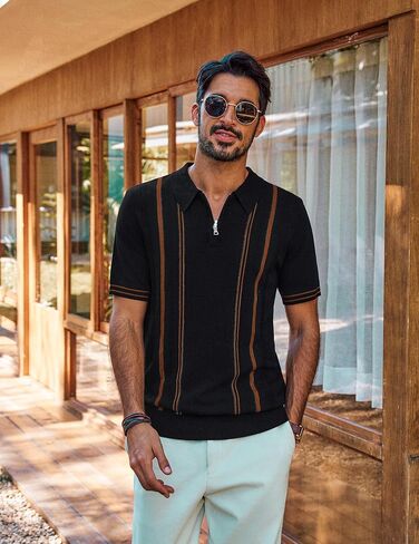 PJ PAUL JONES Men's Quarter Zipper Knit Polo Shirts Striped Vintage Short Sleeve Shirt in Saudi Arabia