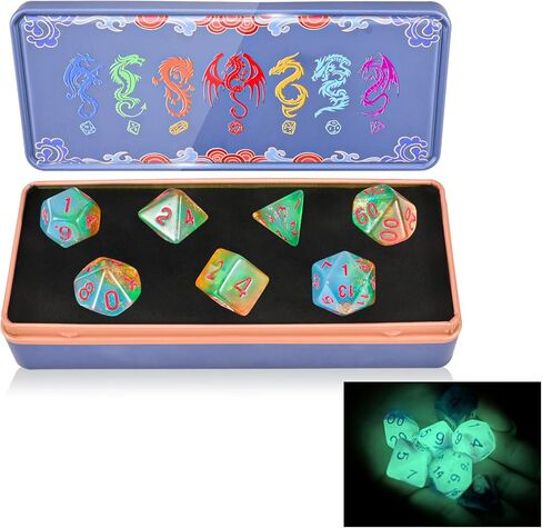 DND Dice Set with Dragon Totem Metal Gife Case, Dungeons and Dragons Dice Set,Polyhedral Dice Set Filled with Shiny Glitters,Role Playing Games and Tabletop Games (Green&Sky Luminous) in Saudi Arabia