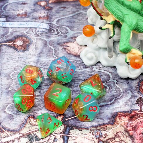 DND Dice Set with Dragon Totem Metal Gife Case, Dungeons and Dragons Dice Set,Polyhedral Dice Set Filled with Shiny Glitters,Role Playing Games and Tabletop Games (Green&Sky Luminous) in Saudi Arabia