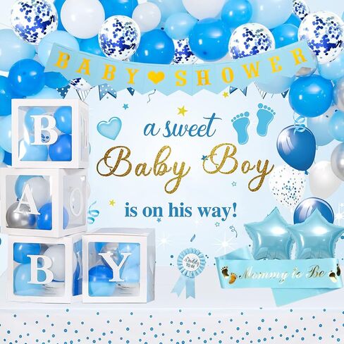 Baby Shower Decorations for Boy, Blue Baby Party Decor Kit with Balloons Boxes, Blue Balloon Garland Backdrop Banner and Tablecloth and Baby Shower Sash, Baby Boy Shower Decorations in Kuwait