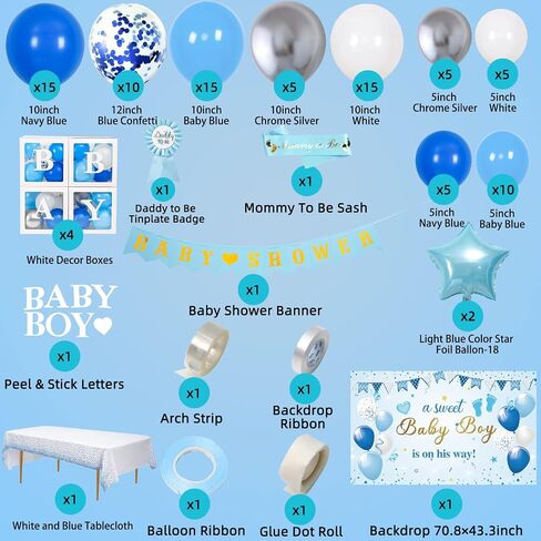 Baby Shower Decorations for Boy, Blue Baby Party Decor Kit with Balloons Boxes, Blue Balloon Garland Backdrop Banner and Tablecloth and Baby Shower Sash, Baby Boy Shower Decorations in Kuwait