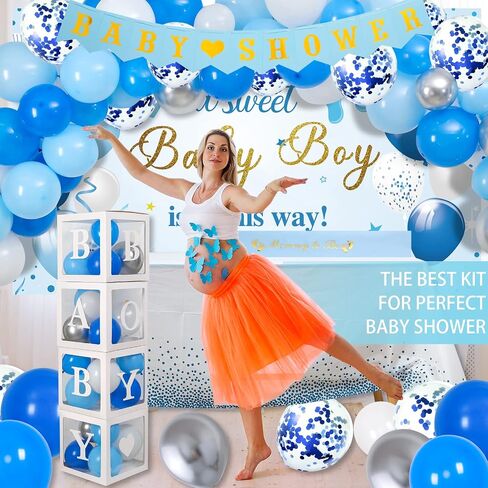 Baby Shower Decorations for Boy, Blue Baby Party Decor Kit with Balloons Boxes, Blue Balloon Garland Backdrop Banner and Tablecloth and Baby Shower Sash, Baby Boy Shower Decorations in Kuwait