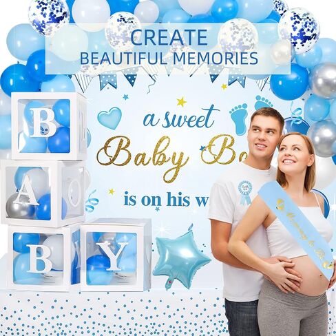 Baby Shower Decorations for Boy, Blue Baby Party Decor Kit with Balloons Boxes, Blue Balloon Garland Backdrop Banner and Tablecloth and Baby Shower Sash, Baby Boy Shower Decorations in Kuwait