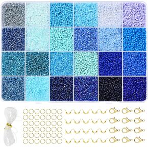 Vtssvow 3mm Glass Seed Beads for Bracelets Making, 24 Colors 10000pcs Friendship Bracelet Making Kit, Small Glass Beads for Jewelry Making (Mix 24 Color, Blue)