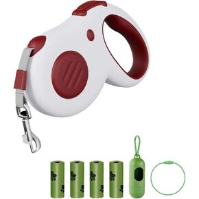 Retractable Dog Leash, 16ft Tangle-Free Leash for Pets up to 44lbs, Durable ABS and Aluminum Alloy Clip, Includes 4 Waste Bags and Poop Bag Holder, Red and White