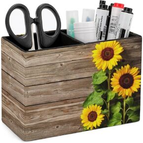 Pen Holder, Pencil Holder for Desk Organizer, Summer Wooden Sunflower PU Leather Pencil Cups Desktop Stationery Storage Makeup Brush Holder Pen Organizer for Office Home