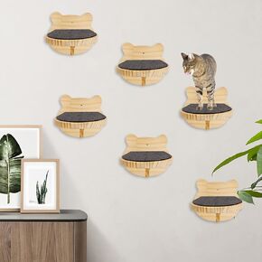 kathson 6 Pcs Cat Wall Mounted Shelves Cat Wall Steps Shelves Wood Cat Climbing Shelves Cat Stairs with Non Slip Felt Cat Ladder Cat Wall Bed Cat Wall Furniture Cat Perch for Springboard Playing