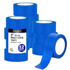XUXU Blue Painters Tape, 2 Inch Blue Painters Masking Tape Bulk for Multi-Surface, Produce Sharp Lines, Residue-Free 588 Yards Total Blue Tape Set of 12 Rolls