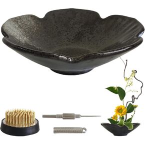 WEOPYCJ Japanese Flower Vase Bowl Ikebana, Black Shallow Arrangement Container with 1.69 in Floral Frog Floristry Kenzan and Needle Straightening Tool