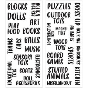 Toy Room Organization Labels Paper Sticker - Adhesive Black and White Photosafe 2 Sheets - 5 x 12 Inches
