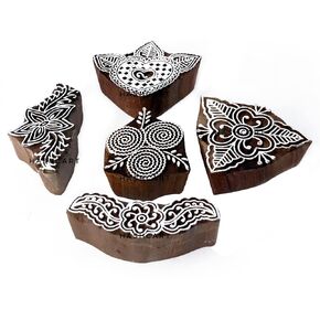 HASHCART® Wooden Pottery Stamps for Block Printing Set of 5, Wooden Printing Stamps for Crafting on Fabric, Clay & Henna Tattoo