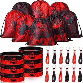 Lothee 32 Pieces Spider Web Birthday Party Decoration Set Spider Web Drawstring Bags Funny Travel Sack Backpack Rubber Bracelets Wristlet Keychain for Birthday Party Supplies Favors (Fresh Style)