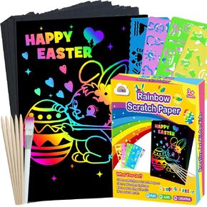 ZMLM Rainbow Scratch Easter Crafts - 60 Rainbow Scratch Paper for Girls Boys Easter Toys Gifts, Easter Arts and Crafts Gifts for Kids Activities, Scratch Art for Kids Easter Basket Stuffers Gifts