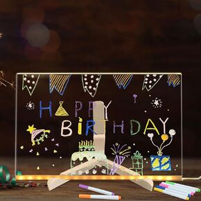Led Note Board with Colors: 11.8'' x7.8'' Clear Acrylic Dry Erase Board with Light & 7 Pens for Drawing & Writing - Glow led Acrylic Message Board with Stand Creative Rewritable