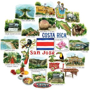 Navy Peony Coastal Costa Rica Travel Stickers (28pcs) - Hand-Illustrated, Central America, Caribbean-Themed Decals for Journals, Scrapbooks, Luggage