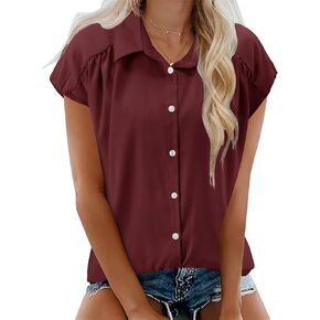 LOMON Womens Button Down Shirts Short Cap Sleeve Summer Cotton V Neck Collared Stripes Blouses Casual Plaid Tops