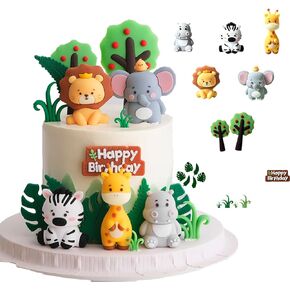 Forest animal theme birthday cake decoration, children's party supplies, cake toppers. Contains: 1 lion,1 giraffe, 1 zebra, 1 hippo, 1 elephant, 2 trees, 6 leaves, 4 grass, 1 banner.