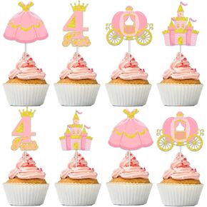 Four Ever a Princess Birthday Decorations Cupcake Toppers, 24pcs Princess 4th Birthday Party Decorations Cupcake Toppers for 4 Year Old Girl Birthday
