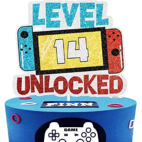 Level 14th Unlocked Cake Topper - Electronic Games Theme Boys Birthday Party Decorations Supplies - 14th Happy Birthday