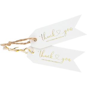 joycraft 100Pcs Thank You for Celebrating with Us Tags, Thank You Tags with String, White Paper Hangtags, Gold Foil Tags, Personalized Gift Tags for Baby Showers, Party, Gift Wrapping(2.75"x1") in Kuwait