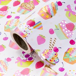 WRAPAHOLIC Foil Birthday Wrapping Paper - Mini Roll - 17 Inch x 16.5 Feet - Gold Foil Birthday Cupcakes Design for Kids Girls Birthday, Baby Shower, Bridal Shower, Wedding