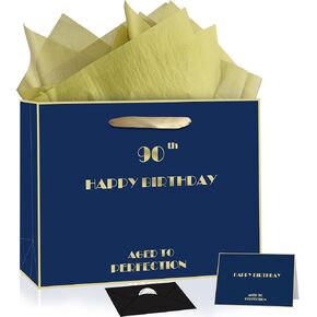 80th Birthday Gift Bag, Blue Gold 80th Birthday Bag with Tissue Paper & Greeting Card & Envelope & Sticker, Happy 80th Bithday Gift Bags for Men Women, Large 80th Gift Bags Birthday Gifts (80th)