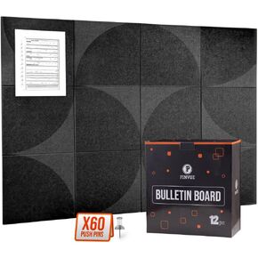 Felt Cork Board Tiles - 12 Pack of Cork Boards for Walls with 60 Push Pins and Adhesive Backing, Perfect Office Wall Decor Alternative for Home, Office, or Classroom 48 x 36 - Black and Gray