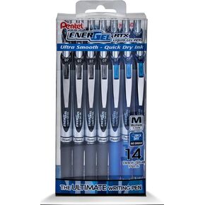 Pentel EnerGel RTX Liquid Gel Pen, (0.7mm) Medium Line, Black and Blue Ink, 14 Pack Window Box