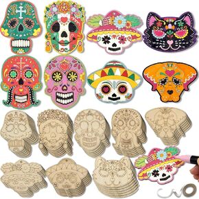 Generic 48-Piece Day of The Dead Sugar Skull Craft Kit - Unfinished Wooden Ornaments - DIY Paint & Hang - Adults