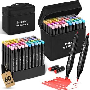 Soucolor 60 Colors Alcohol Markers, Drawing Markers, Dual Tip Art Markers for Kids Teen Girls Boys Gifts Teachers Back to School Supply, Coloring Marker For Adult Coloring Book Sketch Book Calligraphy
