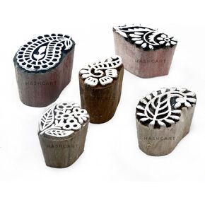 HASHCART® Paisley Shapes Wooden Printing Stamps for Block Print, Handcarved Indian Textile Printing Blocks for Tattoo Saree Border Scrapbooking Kids Paper Clay, Pottery Stamps [ Set of 5 ]