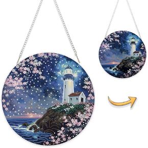 Eiflow Hanging Diamond Art Ornament Kit Lighthouse, 9.6x9.7inch Double Sided Diamonds Painting Pendant for Adults, DIY Acrylic Board Gem Painting Kit