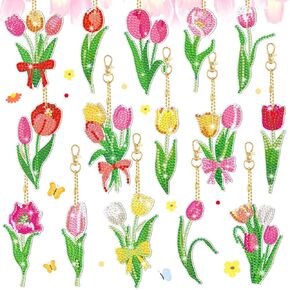 15 Pcs Spring Tulip Diamond Painting Keychain Kits Colorful Tulip Flower Diamond Art Keychains Ornaments for Adults Kids Crafts Purse Backpack Handbag