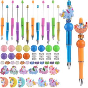 12 Set Plastic Bead Pen Beaded Pens Kit With Beads Cute Beaded Pen With Various Silicone Beads And Round Beads Suitable For DIY Beaded Pens Students Schools Office Supplies（Unicorn）