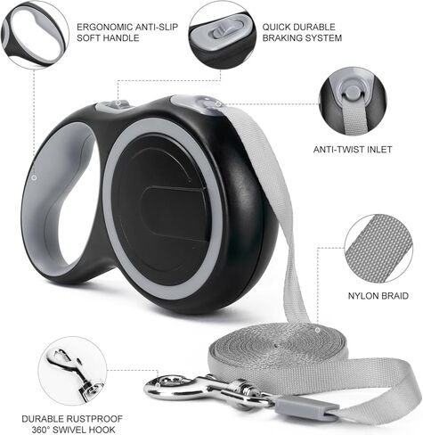 UrbanX Retractable Dog Leash for Medium and Large Working and Companion Dogs with Anti-Slip Handle. 15ft Strong Nylon Tape; One-Handed Brake, Pause, Lock - Gray in Kuwait