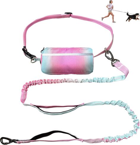Hands Free Dog Leash with Zipper Pouch, Dual Padded Handles- Adjustable Heavy Duty Bungee Waist Leash Belt for Medium Large Dogs-for Walking Running Hiking (25-120 lbs, Green Pink) in Saudi Arabia
