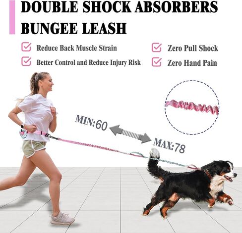 Hands Free Dog Leash with Zipper Pouch, Dual Padded Handles- Adjustable Heavy Duty Bungee Waist Leash Belt for Medium Large Dogs-for Walking Running Hiking (25-120 lbs, Green Pink) in Saudi Arabia