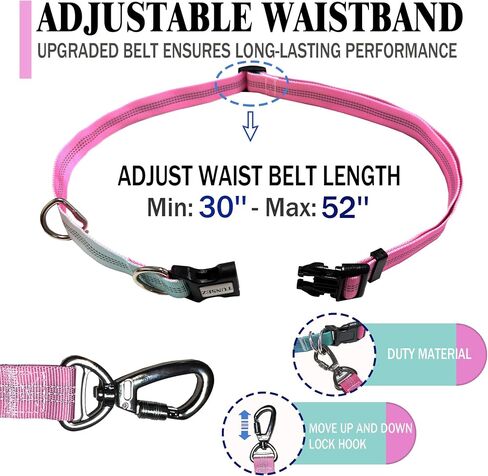 Hands Free Dog Leash with Zipper Pouch, Dual Padded Handles- Adjustable Heavy Duty Bungee Waist Leash Belt for Medium Large Dogs-for Walking Running Hiking (25-120 lbs, Green Pink) in Saudi Arabia