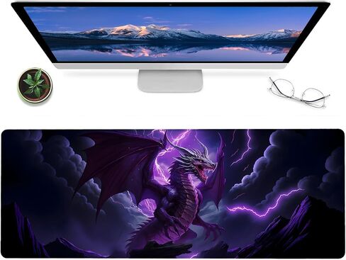 Purple Lightning Dragon Gaming Mouse Pad ، 12 × 31.5 في حصيرة مكتب حيوان بارد من المطاط غير المنزلق ، موسباد كبير للمكاتب ، كمبيوتر محمول ، منصات الفئران المرح ، ديكور عاشق عاشق Desk. in Kuwait
