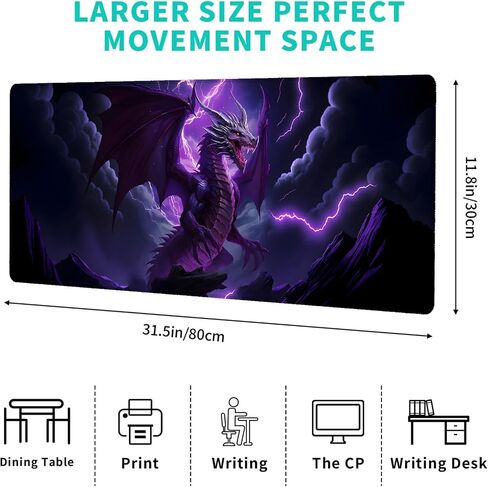 Purple Lightning Dragon Gaming Mouse Pad ، 12 × 31.5 في حصيرة مكتب حيوان بارد من المطاط غير المنزلق ، موسباد كبير للمكاتب ، كمبيوتر محمول ، منصات الفئران المرح ، ديكور عاشق عاشق Desk. in Kuwait