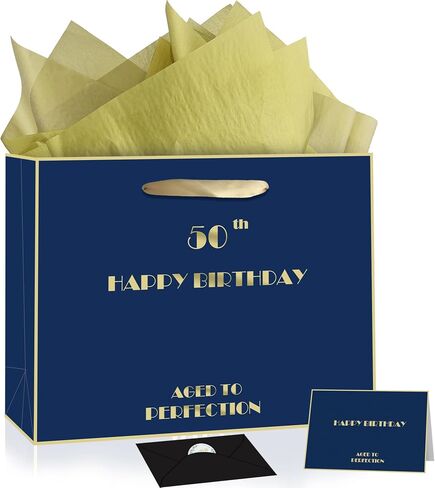 80th Birthday Gift Bag, Blue Gold 80th Birthday Bag with Tissue Paper & Greeting Card & Envelope & Sticker, Happy 80th Bithday Gift Bags for Men Women, Large 80th Gift Bags Birthday Gifts (80th) in Kuwait