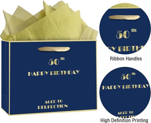80th Birthday Gift Bag, Blue Gold 80th Birthday Bag with Tissue Paper & Greeting Card & Envelope & Sticker, Happy 80th Bithday Gift Bags for Men Women, Large 80th Gift Bags Birthday Gifts (80th) in Kuwait