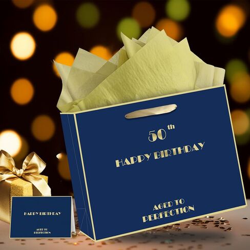 80th Birthday Gift Bag, Blue Gold 80th Birthday Bag with Tissue Paper & Greeting Card & Envelope & Sticker, Happy 80th Bithday Gift Bags for Men Women, Large 80th Gift Bags Birthday Gifts (80th) in Kuwait