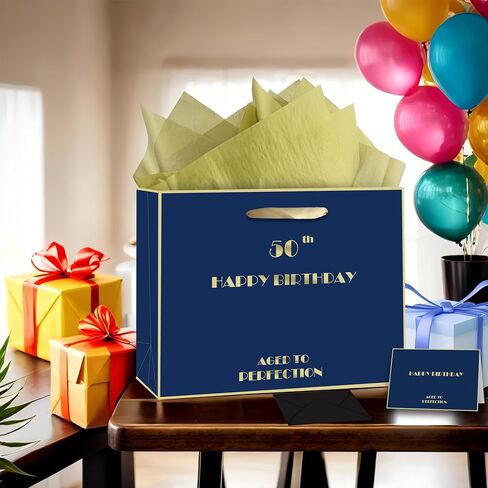 80th Birthday Gift Bag, Blue Gold 80th Birthday Bag with Tissue Paper & Greeting Card & Envelope & Sticker, Happy 80th Bithday Gift Bags for Men Women, Large 80th Gift Bags Birthday Gifts (80th) in Kuwait