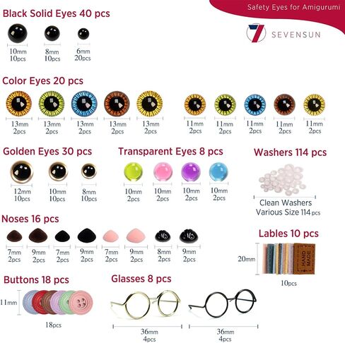 SEVENSUN Safety Eyes for Amigurumi 264 PCS, Crochet Glasses Noses and Buttons, Various Designed Crochet Accessories, Stuffed Crochet Eyes with Washers, Craft Doll Eyes and Nose in Kuwait