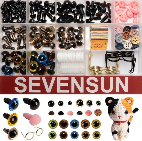 SEVENSUN Safety Eyes for Amigurumi 264 PCS, Crochet Glasses Noses and Buttons, Various Designed Crochet Accessories, Stuffed Crochet Eyes with Washers, Craft Doll Eyes and Nose in Kuwait